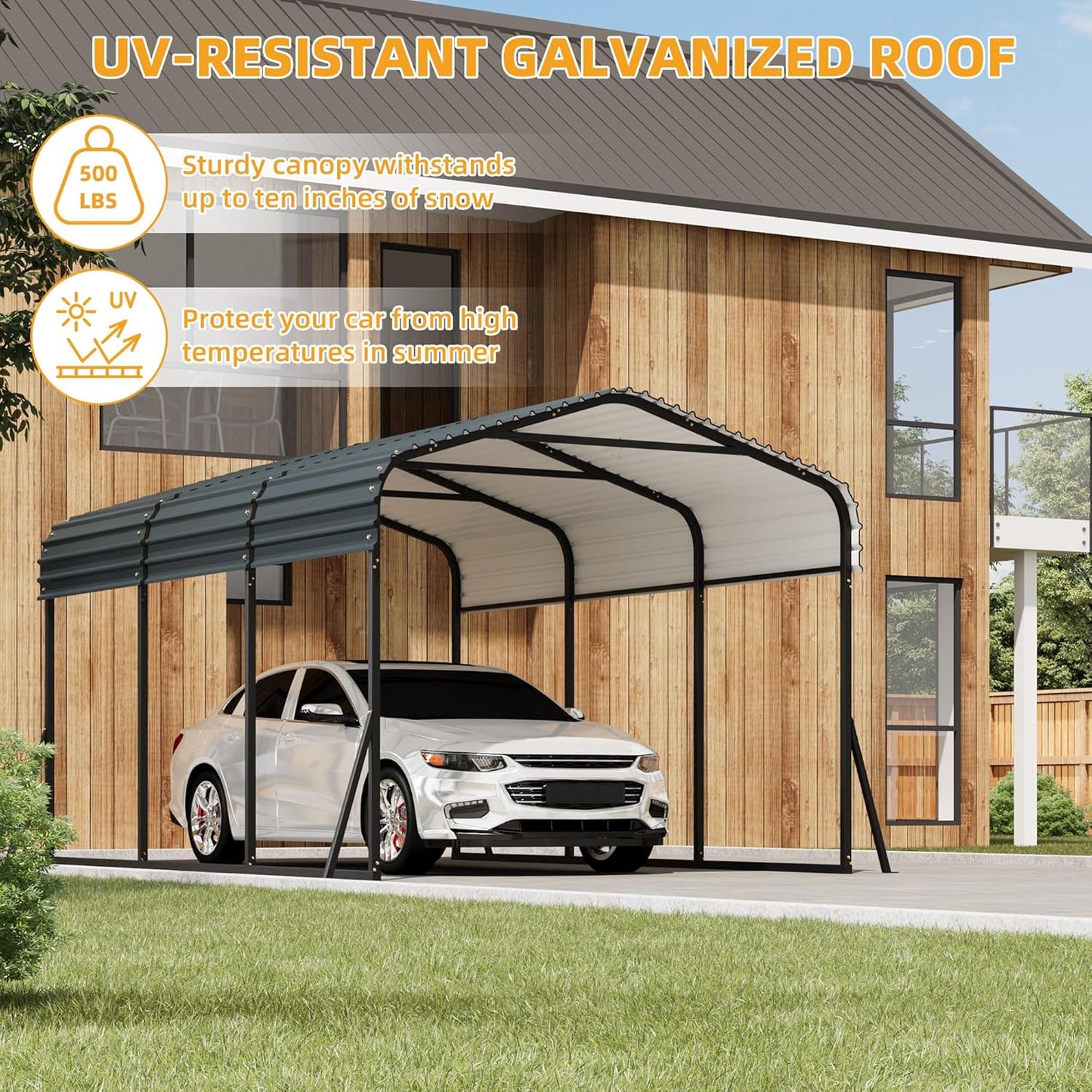 10 x 15 FT Metal Carport with Galvanized Steel Roof, Heavy Duty Metal Roof Carport with Enhanced Base, Tall Kits Garage for Tractors, Trucks, Boats, Cars