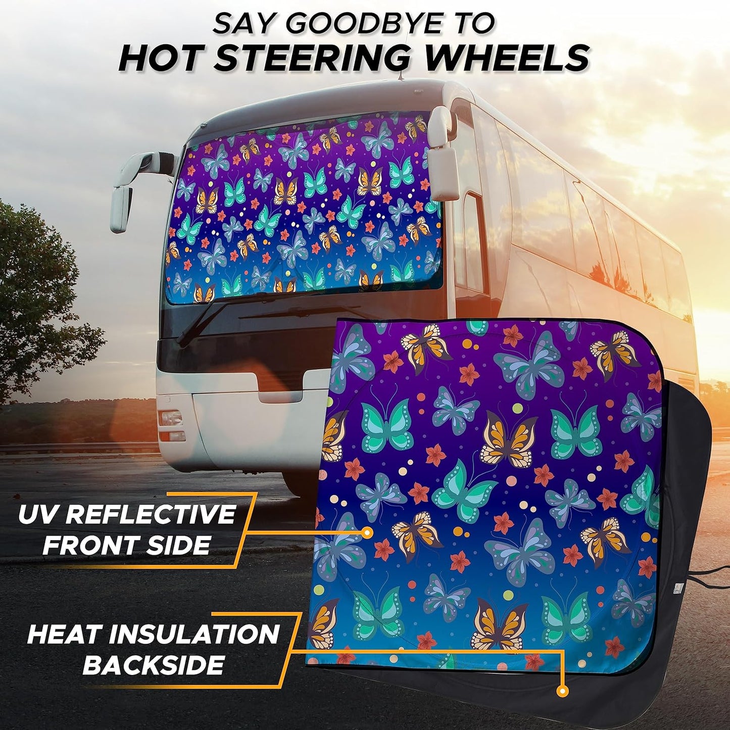 EcoNour Butterfly RV Windshield Sunshade | Windshield Cover Sunshade for UV Rays & Heat Protection, Keeps Your Interior Cool | Fits RVs, Trucks, Motorhomes, Buses | XXL - 102 x 51 inches