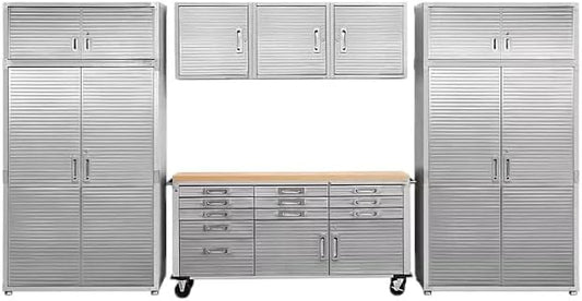 Heavy Duty 8-Piece Steel Garage Cabinet Storage Set With Rolling Workbench, 14 Feet Wide