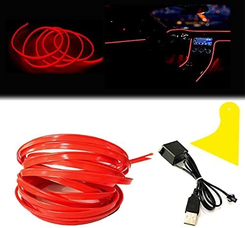 El Wire Red Interior Car LED Strip Lights, 5M Neon Wire USB 5V with Fuse Protection for Automotive Interior Decoration, with 6mm Sewing Edge