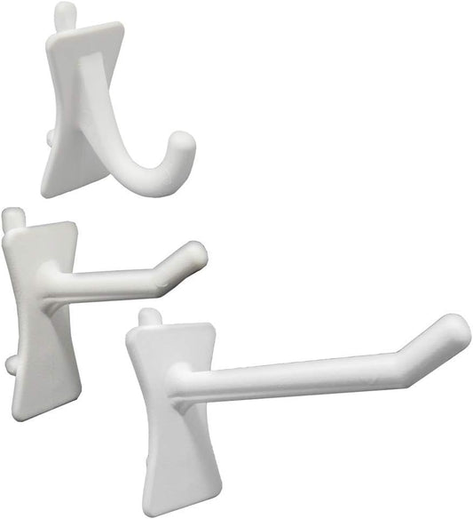 PegPro® J, 1", 2" Hooks Kit for Standard “Wood Fiber” pegboard – Durable Plastic Pegboard Hooks - for Garage, Kitchen, Craft Room, and More (J, 1", 2" Hook - 50 Pack, White)