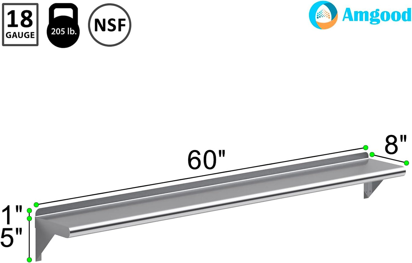 AmGood 60" Long X 8" Deep Stainless Steel Wall Shelf | NSF Certified | Appliance & Equipment Metal Shelving | Kitchen, Restaurant, Garage, Laundry, Utility Room