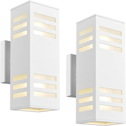 harriet Porch Lights Outdoor Modern - IP64 Waterproof Aluminum and Tempered Glass Cover, 13" Rectangular Up/Down Wall Sconce for Porch, Garage & Patio, Exterior Lighting, White, 2 Pack