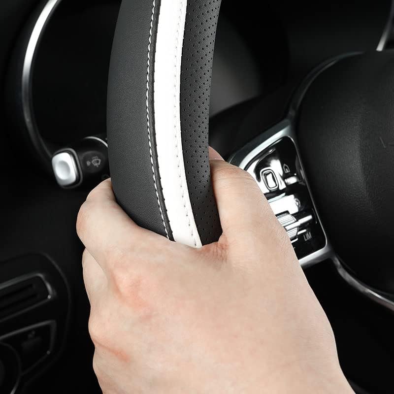 Car Steering Wheel Cover, Leather Steering Wheel Cover White Universal 14.5-15 Inch Microfiber Leather Anti-Slip Breathable Auto Steering Wheel Covers for Men Women(Black & White)