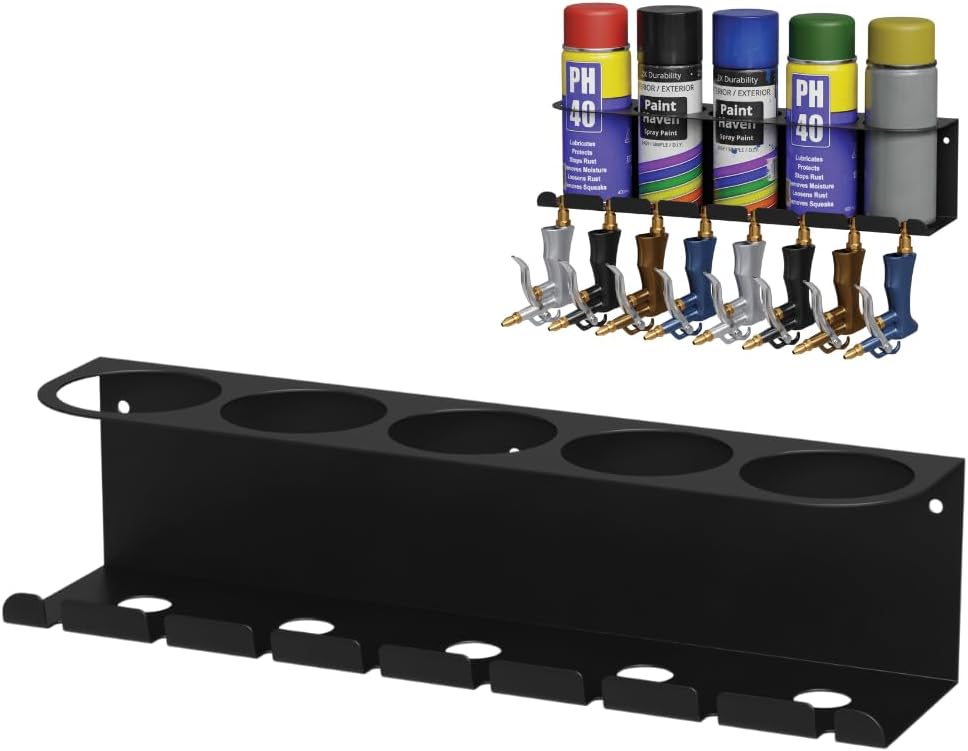 Koova Wall Mount Air Tool Holder with 5 Aerosol Can Storage - Durable Metal Construction - Made in USA - Includes Hardware for Garage & Workshop Organization