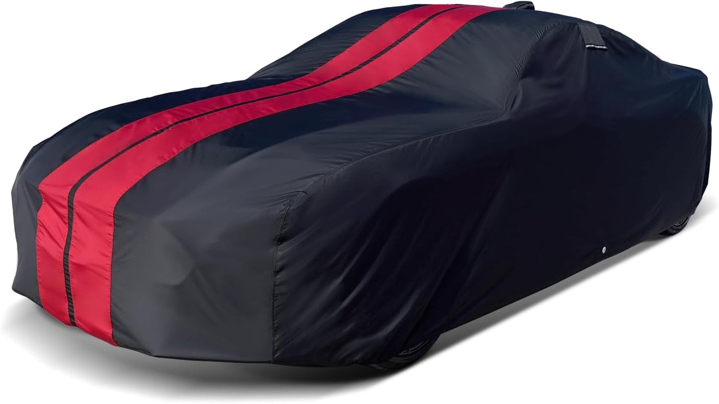 iCarCover Custom Car Cover for 2020-2025 Chevy Corvette C8 w/High Wing Spoiler Waterproof All Weather Rain Snow UV Sun Protector Full Exterior Indoor Outdoor Car Cover (Stripe - Black/Red)