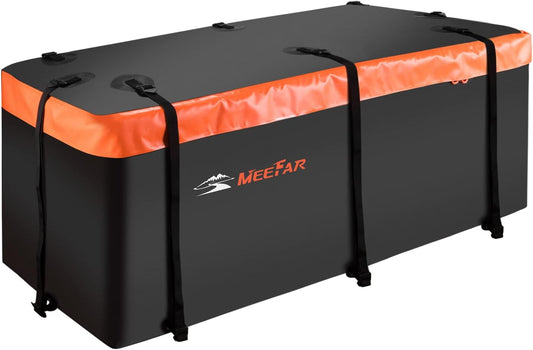 MeeFar Hitch Mount Cargo Carrier Bag Soft Shell 100% Waterproof 15 Cubic Feet (58" 19" 24") Include 8 Reinforced Straps for Truck Pickup All Vehicle with Steel Cargo Basket