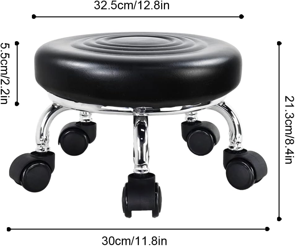 Modern Roller Seat PU Leather Low Round Rolling Stool 360 Swivel Small Stool with Universal Caster Wheels for Home Office, Garage, Shop, Fitness, Sport (H: 8.4' Black)