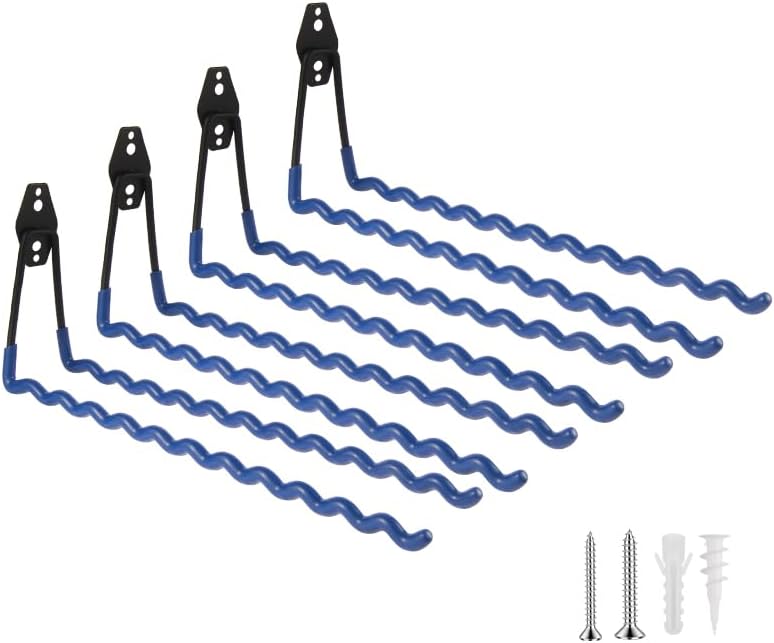 Wall Mounted Garage Hooks Tool Organizer, 12.4 Inch Garage Storage Hook Heavy Duty Utility Wall Hangers Blue for Ladders, Hose, Garden Tools, Set of 4