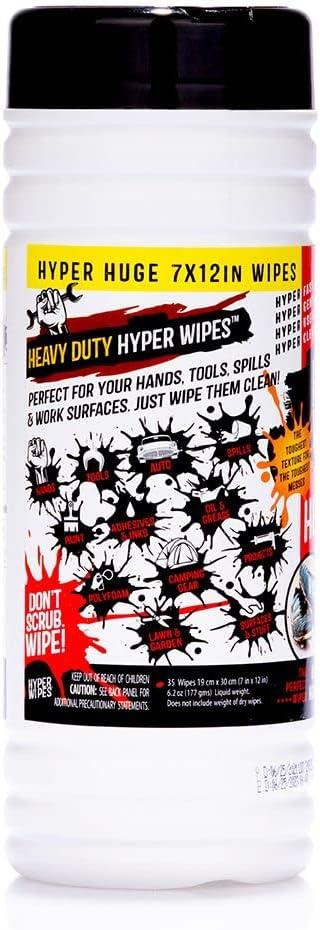 Hyper Wipes, 1 Pack Heavy Duty Hand & Tool Cleaning Wipes, 7"x12" Size Multi-Surface Cleaning Wipes, Degreasing, All Purpose Cleaner, Bathroom, Mechanic, Work Surface Wipes, 35 Count Canister