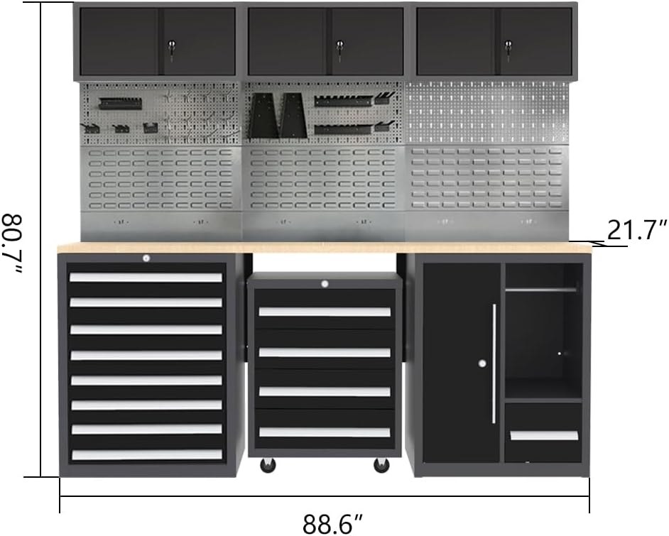 JZD Steel Garage Tool Cabinet System, for Workshop Basement Utility Room, Black and Grey, No Wall Mounting Needed