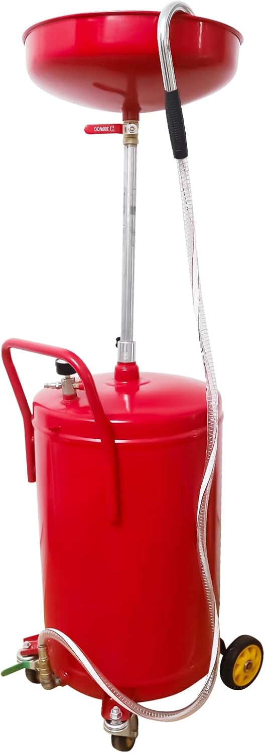PONO 20-Gallon Air Operated Waste Oil Drain Tank with Wheels, Portable Industrial Fluid Drainage System - Adjustable Funnel Height for Auto Shops, Farm Equipment & Garage Use (Red)