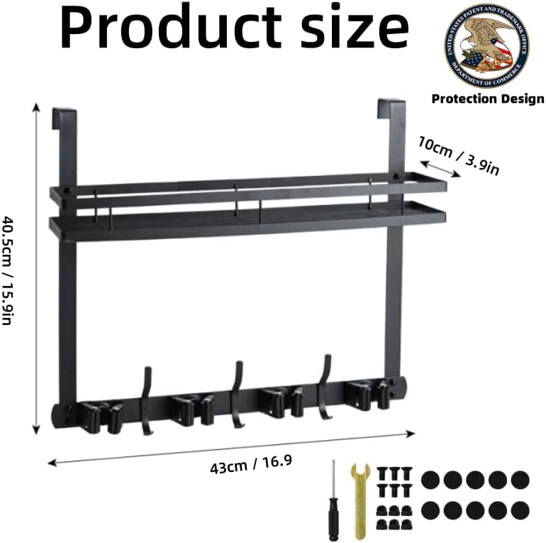 Broom Holder Over The Door Over Door Broom and Mop Rack Over The Door Hooks Organizer With4 Slots & 3 Hooks 1 Storage Basket For Laundry Room, Garage, Closet, Kitchen Decor (black)