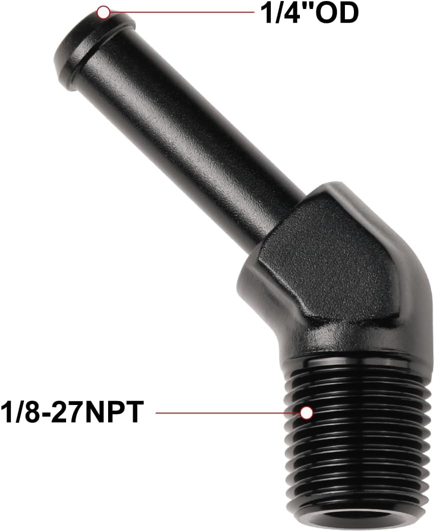 1/8 NPT Male to 1/4" Hose Barb Fitting Adapter 45 Degree Elbow Aluminum Black 2PCS