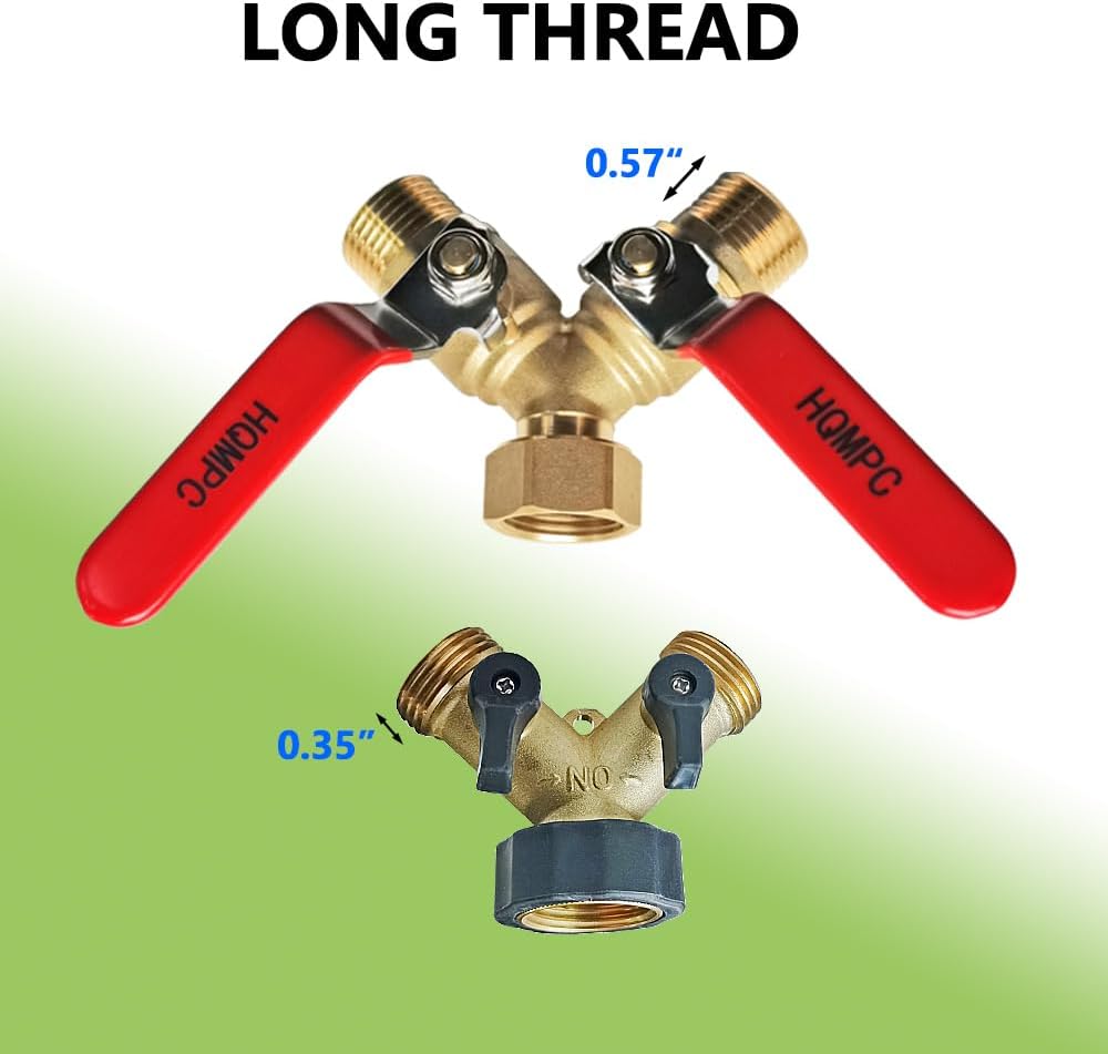 HQMPC Garden Hose Y Valve Splitter Brass Hose Splitter With Stainless Steel Long Handle Brass Garden Hose Adapter 2 Way Y Valve 3/4" GHT Thread 2pcs