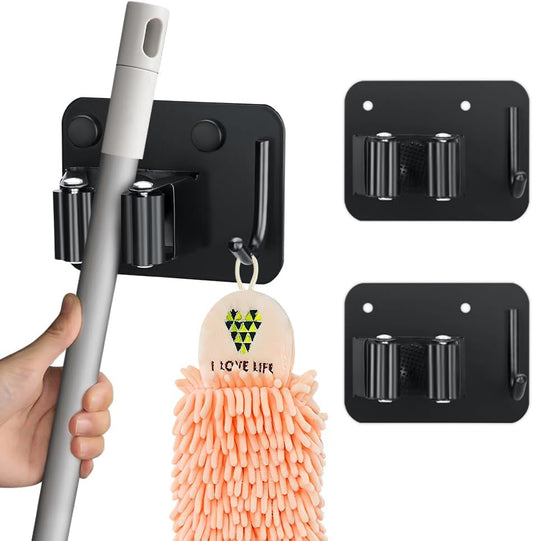 2-Pack Broom Holder with Heavy Duty Hooks, Upgraded Stainless Steel Mop Hanger. Wall Mount Utility Tool Rack for Kitchen Garden Laundry Garage. Matte Black.