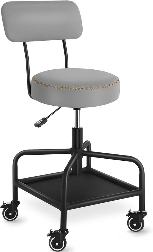 Shop Stool with Lockable Rubber Wheels Adjustable Backrest Tool Tray Storage 400 lb Capacity Rolling Garage Stool (Grey)