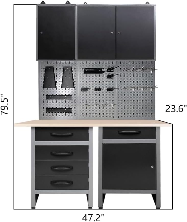 JZD Steel Workbench Garage Storage Cabinet Set with Wood Worktop