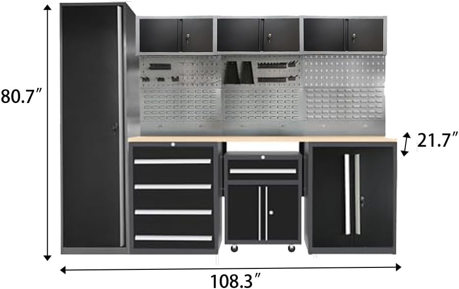JZD Garage Storage Cabinet System, Lockable Tool Workbench Set for Workshop, Rolling Chest Included, Wall Mounting Not Necessary