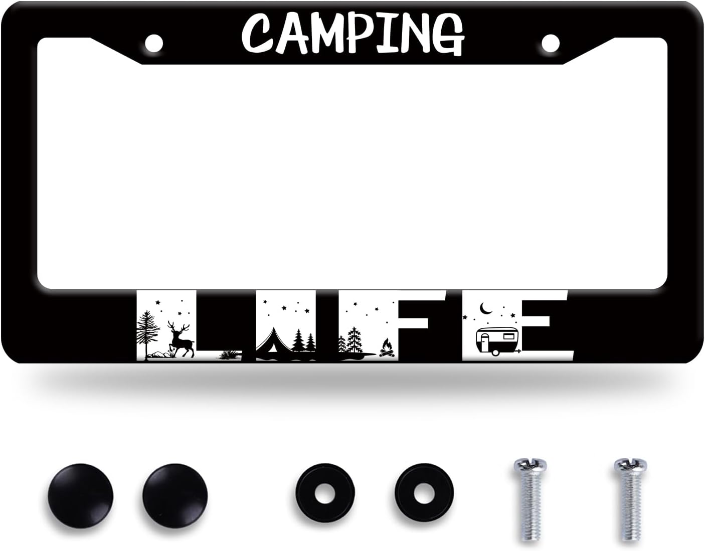Camping Life License Plate Frame Forest Night Deer License Plate Frames Stainless Steel Accessories Cars Decor with 2 Holes and Screws Fits Standard US CA Vehicles Size 12.2 x 6 Inches