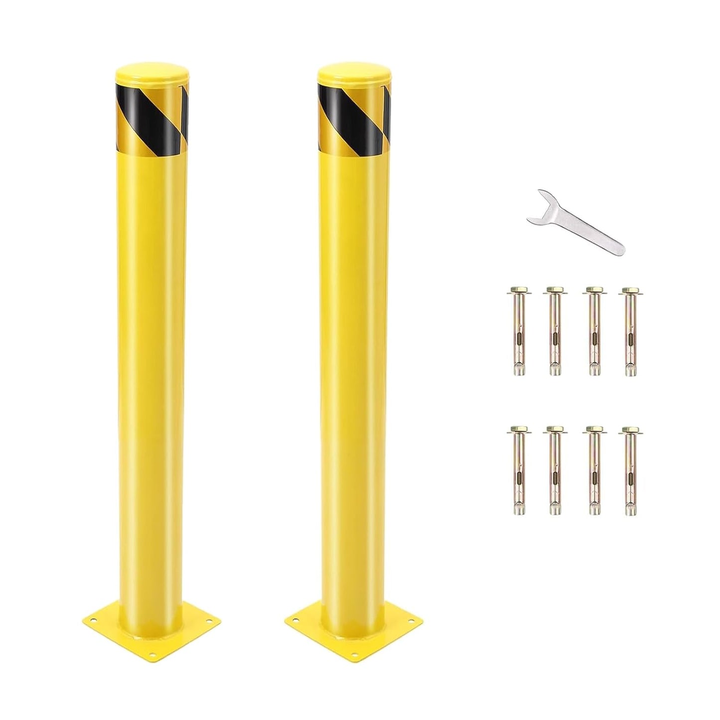 2 Pack Safety Bollard Post, 42 Inch Height 4.5 Inch Diameter Yellow Pipe Safety Steel Bollards with Anchor Bolts and Wrench, Steel Bollards for Road Warning Construction Public Place Traffic Control