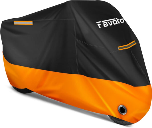 Favoto Motorcycle Cover Waterproof All Season Weather Sun Outdoor Protection Night Reflective with Lock-Holes & Storage Bag Universal Fits up to 86.6" Motorcycles Vehicle Motorbike Cover