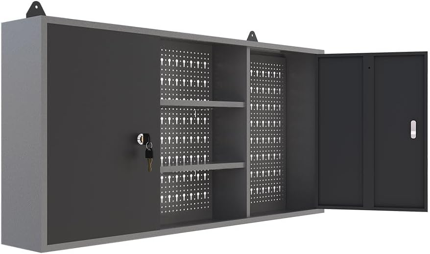 JZD Steel Wall Mount Storage Cabinet System with 22 Tool Hooks, for Garage Workshop Black & Grey