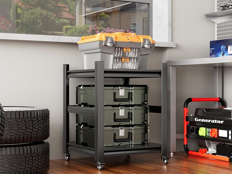 2 Sets Garage Shelving with Wheels and fences Unit 2 Tier Heavy Duty Storage Shelves Easy Assembly Adjustable Metal Steel Utility Shelf Rack Garage Storage Organize for Tools Basement,Warehouse