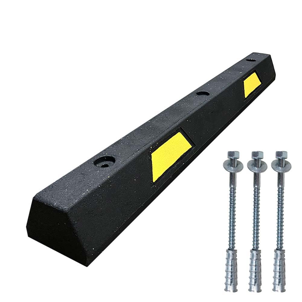 Plasticade 4' Rubber Car Parking Stop with Concrete Hardware, Maintenance Free, Embedded Yellow Reflective Stripes for Added Visibility and Pre-Drilled Holes for Easy Installation, Made in The USA