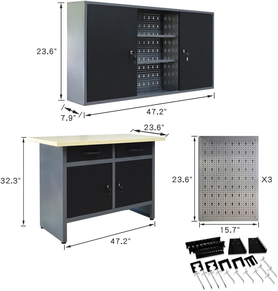 JZD Industrial Steel Garage Storage Cabinet System, Included Pegboard Wall Cabinet Wood Table Top, for Auto Repair Shops, Utility Room