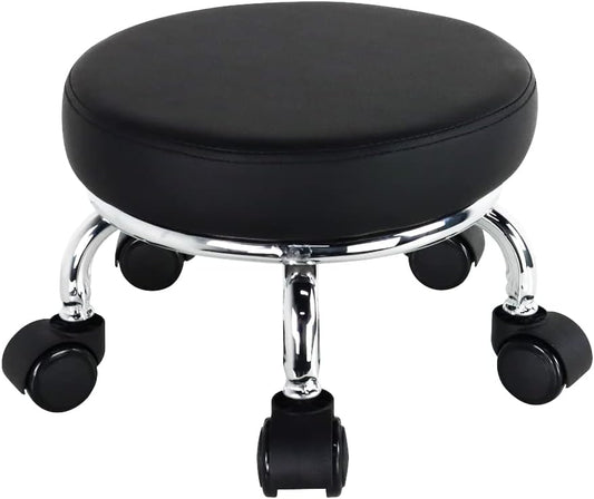 Modern Roller Seat PU Leather Low Round Rolling Stool 360 Swivel Small Stool with Universal Caster Wheels for Home Office, Garage, Shop, Fitness, Sport (H: 8.6", Black)