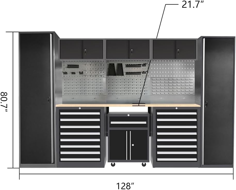 JZD Steel Garage Storage Cabinet System with Workbench, Included One Tool Cart, for Utility Room Workshop