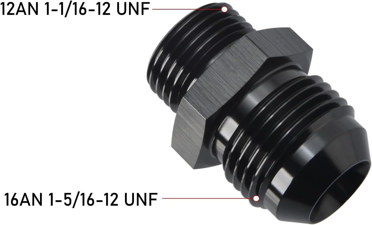 16AN Male Flare to 12AN ORB O-ring Boss Fuel Pump Rail Adapter Fitting Aluminum Black, Pack of 2