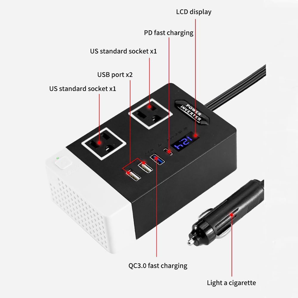 300W Car Power Inverter, DC 12V to 110V AC Car Plug Adapter Outlet with USB 3.0/2.0 Charger Type-c Port/car Charger for Laptop