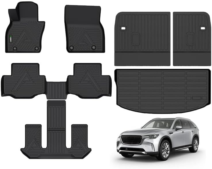 ANBINGO® Floor Mats & SeatBack Cargo Liner | CX90 2024-2025 7 Passenger | 2nd Row with Bucket Seat or Captain Seat | (60/40 Velcro Tape Fixed Backmats) TPE 3 Rows Waterproof Car Mat