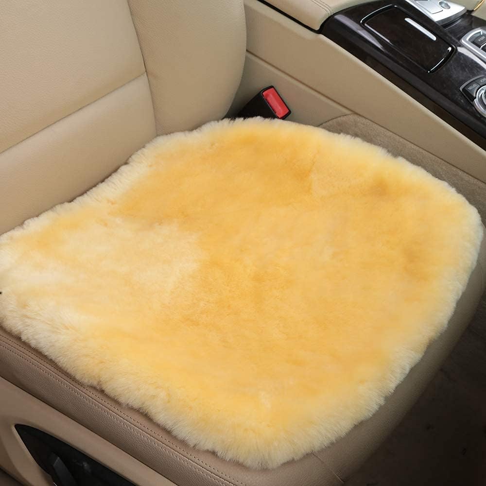 Fluffy Genuine Australia Sheepskin Car Seat Cover for Auto Interior Accessories with Soft Fuzzy Wool Eco-Friendly Natural Fur Non-Slip (Light Yellow, Front)