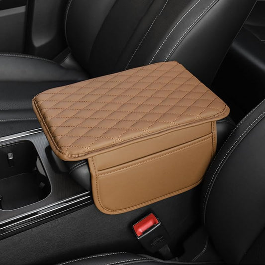 Memory Cotton Leather Car Armrest Box Pad, 2025 New Universal Style Memory Cotton Car Armrest Box Pad, Upgrade Vehicle Seat Box Cushion Protector for SUV Truck (Light Brown)