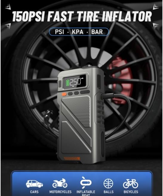 9000A Jump Starter with Air Compressor, Car Charger Portable Jump Box for Car with 150PSI Tire Inflator, Power Pack Jumpstart 12V Vehicle for All Gas/12L Diesel w/Extended Jumper Cable