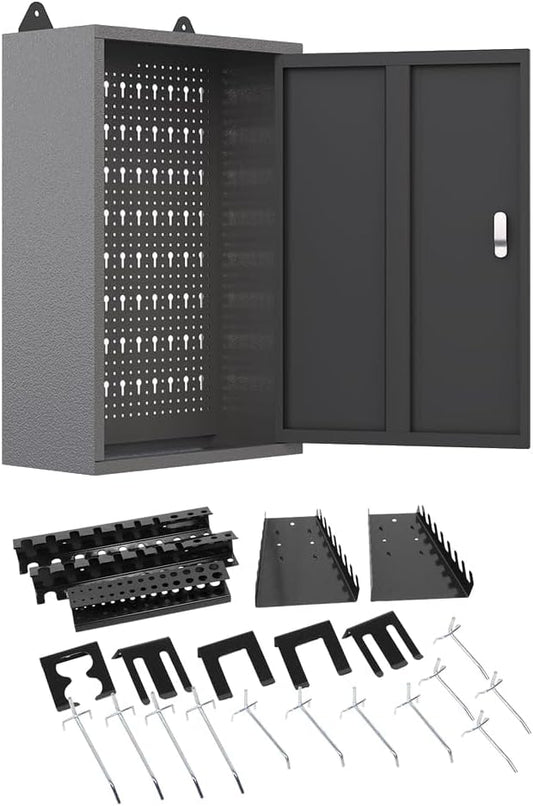 JZD Metal Storage Wall Mounted Cabinet with 22 Hooks, Lockable Small Tool Chest, for Garage Basement Workshop, Black and Gray