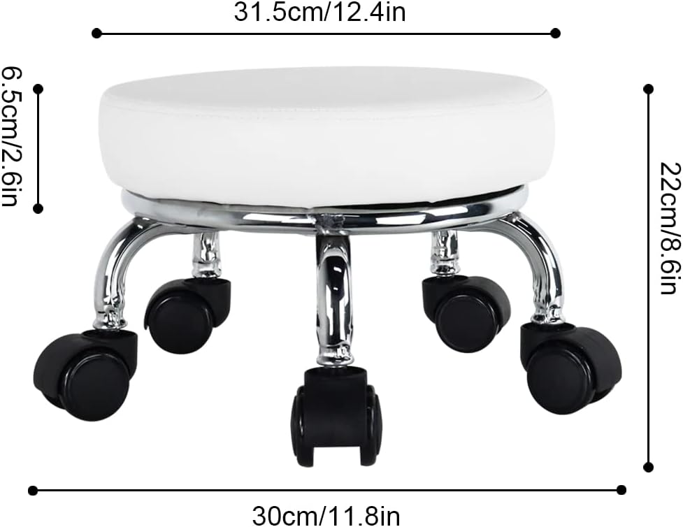 Modern Roller Seat PU Leather Low Round Rolling Stool 360 Swivel Small Stool with Universal Caster Wheels for Home Office Garage Shop Fitness Sport H8.6" (White)