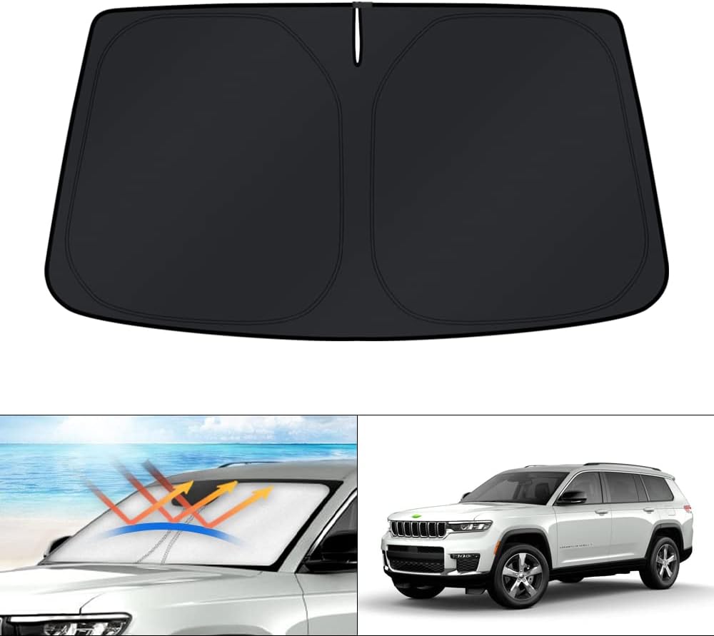 KUST Windshield Sun Shade for 2021-2024 2025 Jeep Grand Cherokee/Grand Cherokee L Accessories SUV Window Sunshade Sun Visor Protector Foldable Blocks UV Rays Keep Your Car Cooler