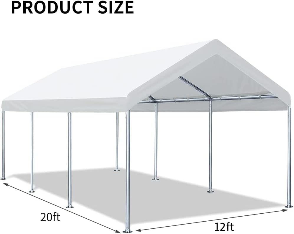 12'x20' Upgraded Carport Replacement Top Canopy Cover for Car Garage Shelter Tent Party Tent with Ball Bungees White (Only Top Cover, Frame is not Included)