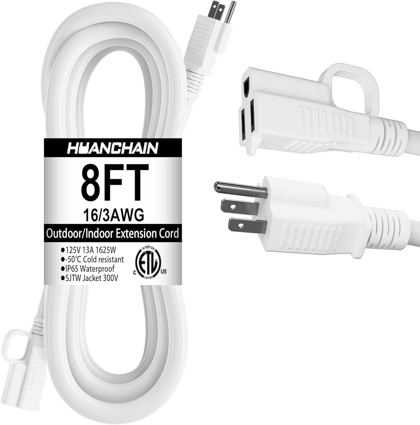 HUANCHAIN Indoor Outdoor White Extension Cord 8 ft Waterproof, 16/3 Gauge Flexible Cold-Resistant Appliance Extension Cord Outside, 13A 1625W 16AWG SJTW, 3 Prong Heavy Duty Electric Cable, ETL