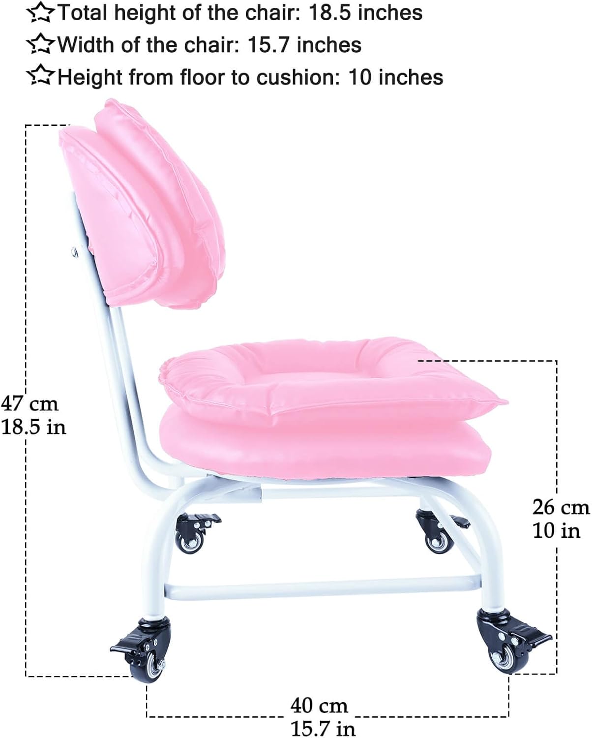 Rolling Stool Wide Seat with Back Rolling Chair 4 Wheels with Brakes for Home Office Garage Shop Waterproof Roller Seat Durable Steel Stand Pink