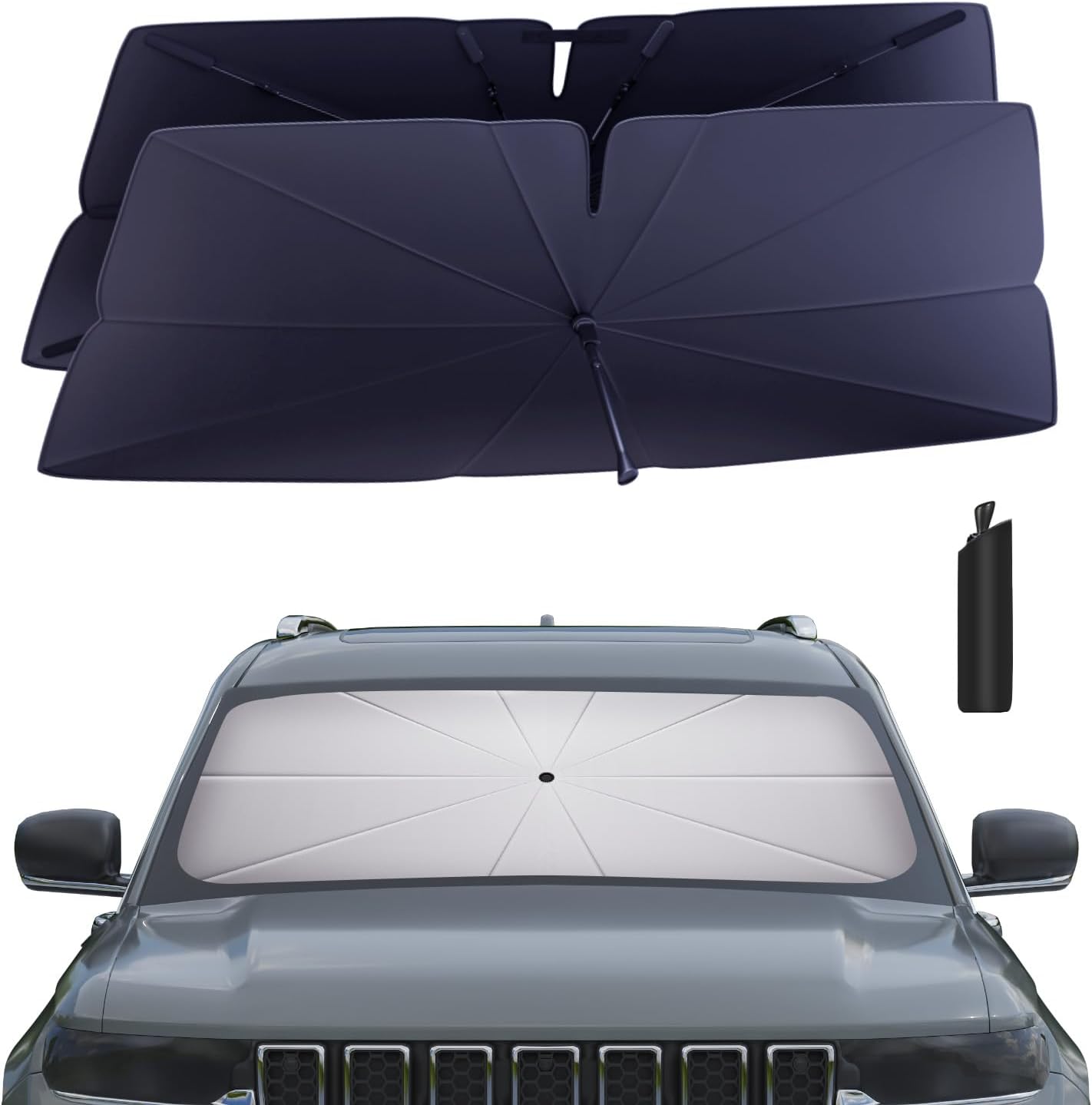 Windshield Sun Shade Umbrella: for Jeep Grand-Cherokee-2021-2025 - Front Custom Car Window Shades - Double Thickened Foldable Jeep Grand Cherokee Sunshades Block UV Keep Cool