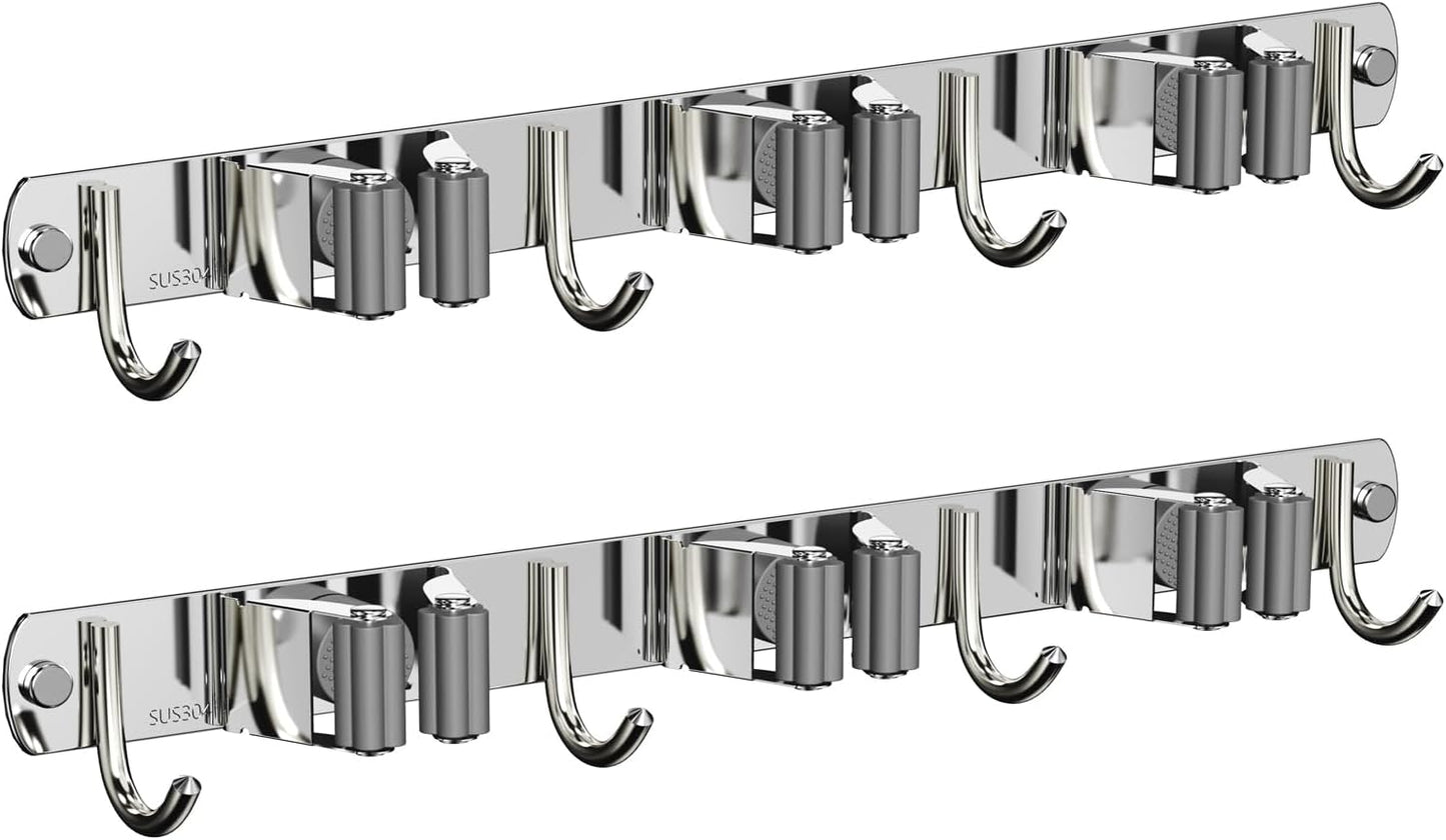 2 Pack Mop and Broom Holder Wall Mount, Non-slip Broom Hanger, Heavy Duty Mop Broom Organizer for Kitchen Garden Garage Laundry Room Wall Decor Organization and Storage Silver 3R4H