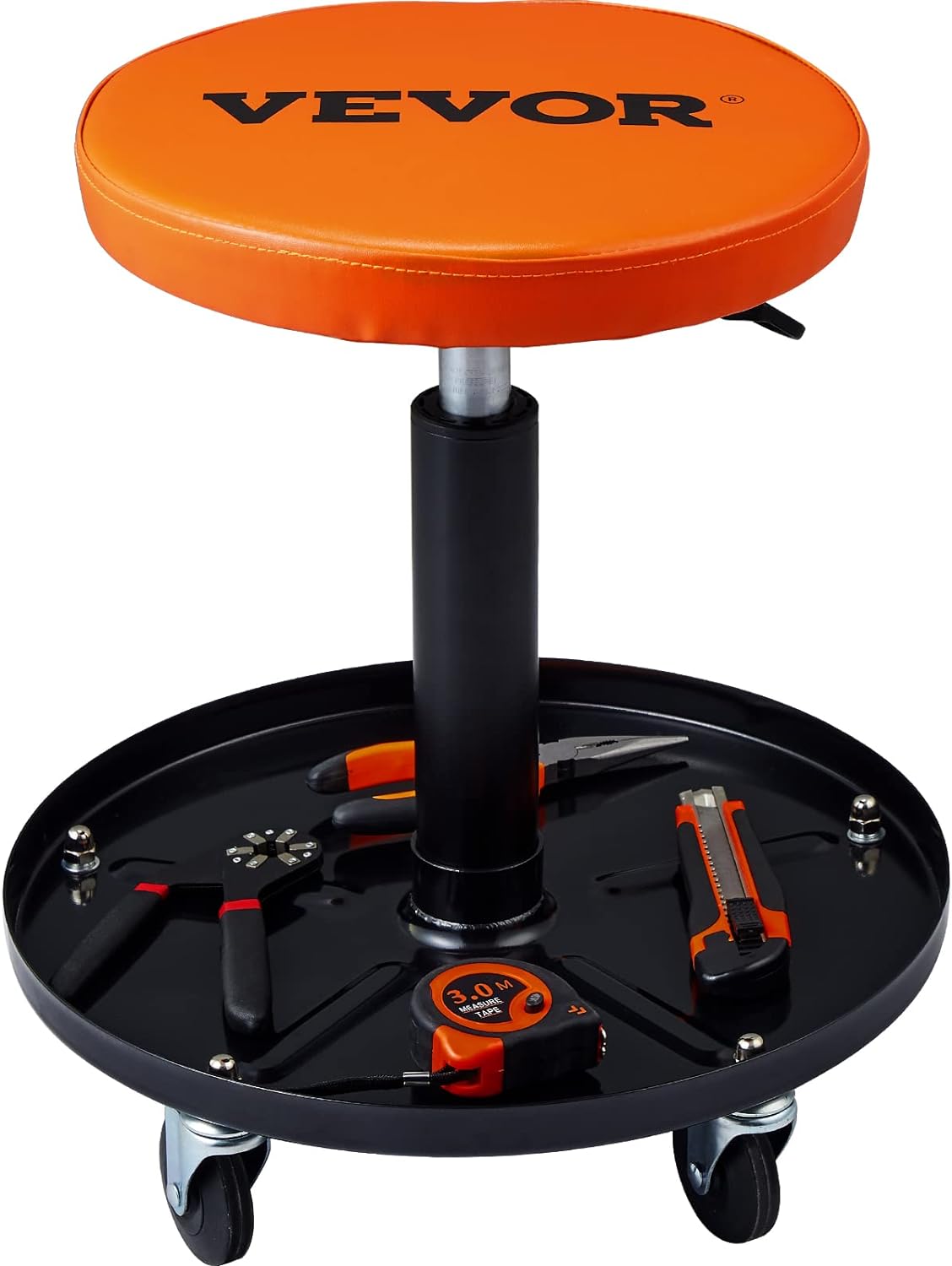 VEVOR Mechanic Stool, 250 LBS Rolling Pneumatic Creeper Garage/Shop Seat, Adjustable Height 16-22 inch in Padded Rolling Workshop Stool with Tool Tray, for Garage, Shop, Auto Repair, Black+Orange