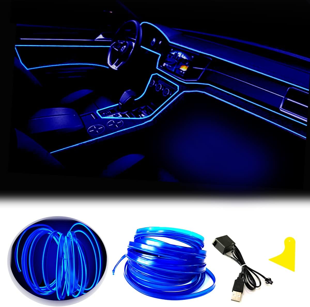 El Wire Blue Interior Car LED Strip Lights, 10M Neon Wire USB 5V with Fuse Protection for Automotive Interior Decoration, with 6mm Sewing Edge