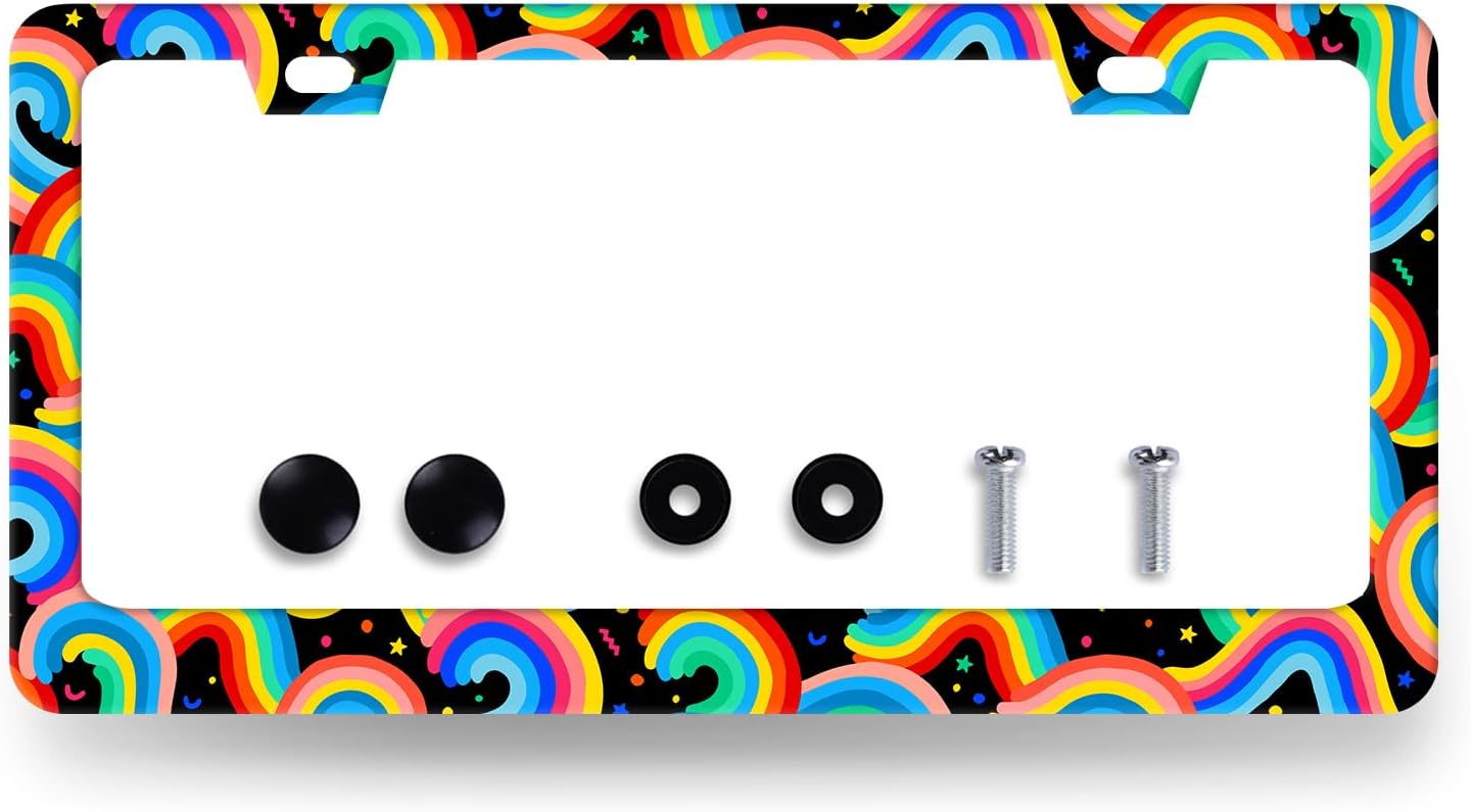 Boho Rainbow License Plate Frame Colorful License Plate Holder Stainless Steel Funny Colorful Car Accessories Decoration 6.3" X 12.3" with 2 Holes Screws