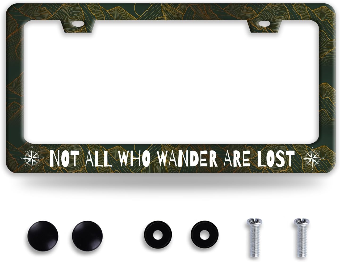 Not All Who Wander are Lost License Plate Frame Funny Golden Mountains License Plate Frames Stainless Steel Accessories Cars Decor with 2 Holes and Screws Fits Standard Us Ca Vehicles 12.2 X 6 Inch